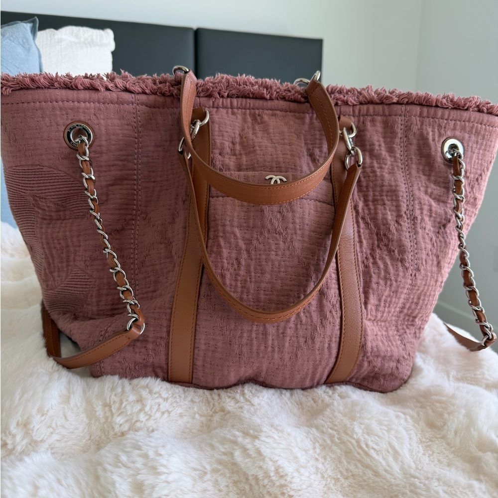 CHANEL Deauville Dusky Pink Quilted Fringed Tote with Brown Leather Trim